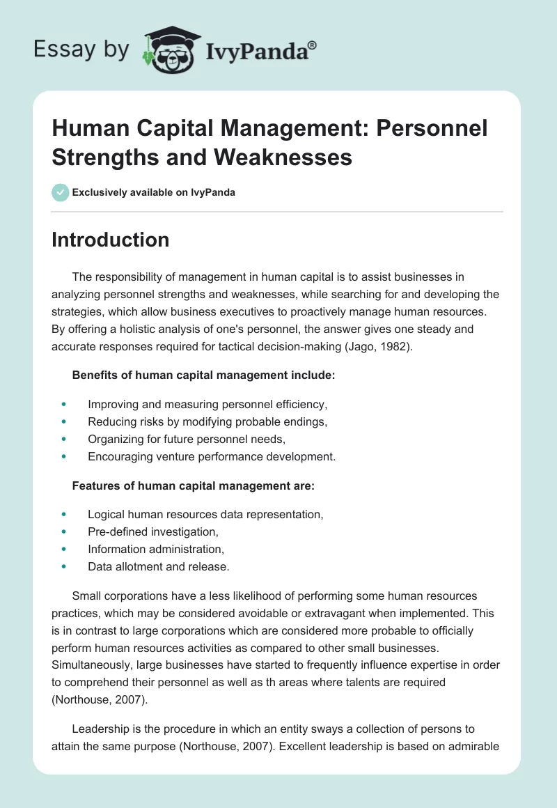 Human Capital Management: Personnel Strengths and Weaknesses. Page 1