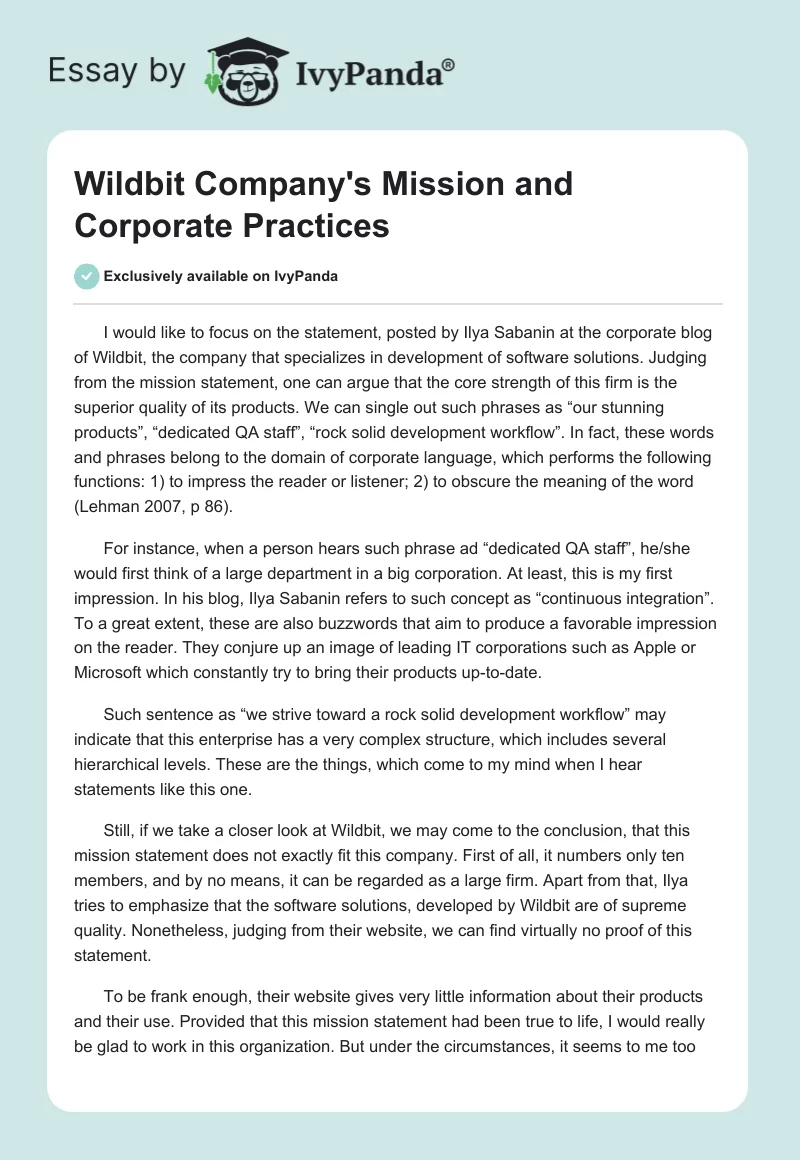 Wildbit Company's Mission and Corporate Practices. Page 1