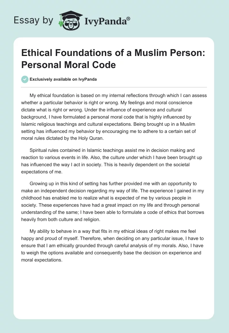 Ethical Foundations of a Muslim Person: Personal Moral Code. Page 1