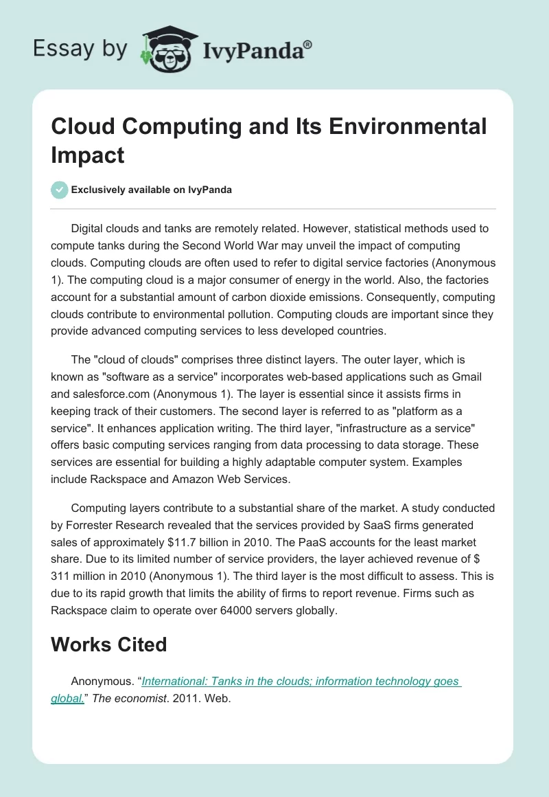 Cloud Computing and Its Environmental Impact. Page 1