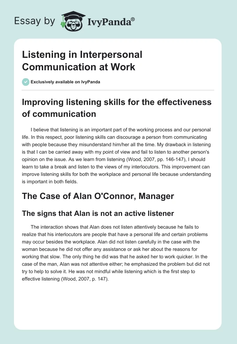 Listening in Interpersonal Communication at Work. Page 1
