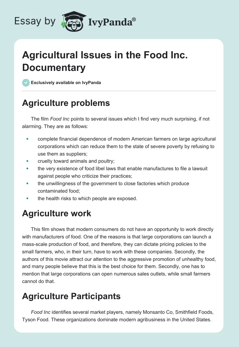 Agricultural Issues in the "Food Inc." Documentary. Page 1