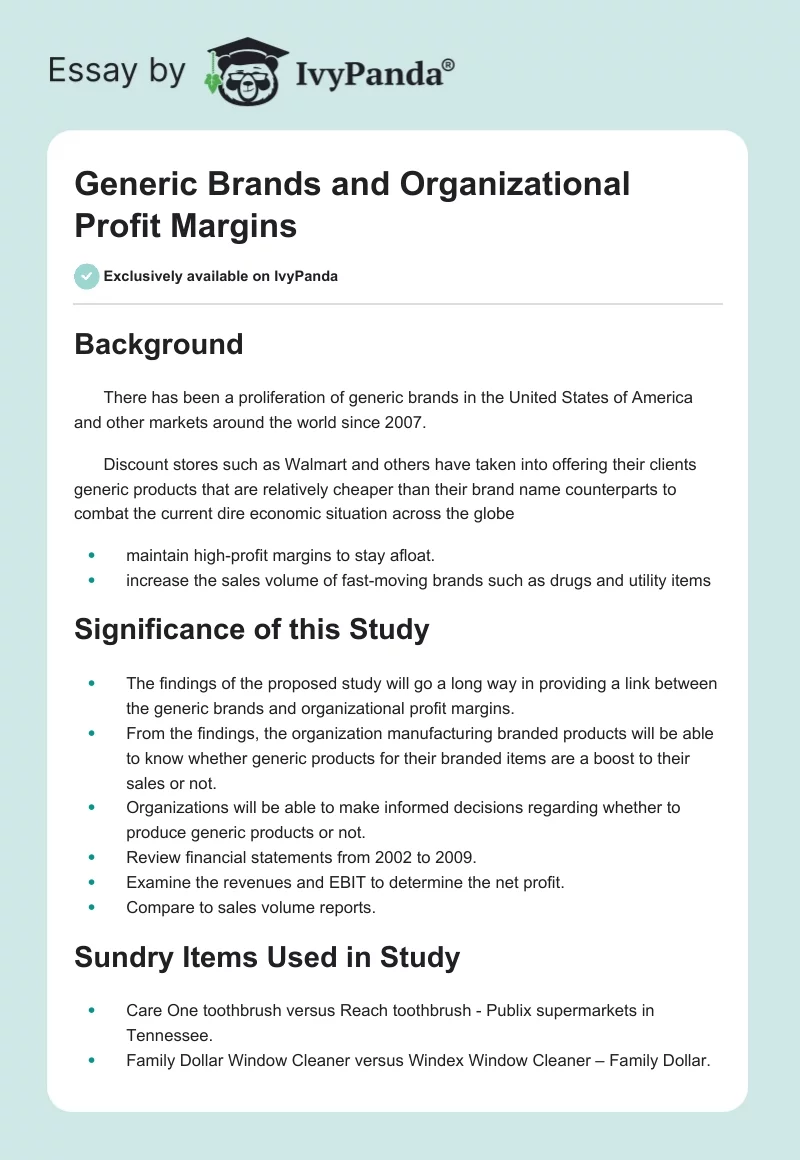 Generic Brands and Organizational Profit Margins. Page 1