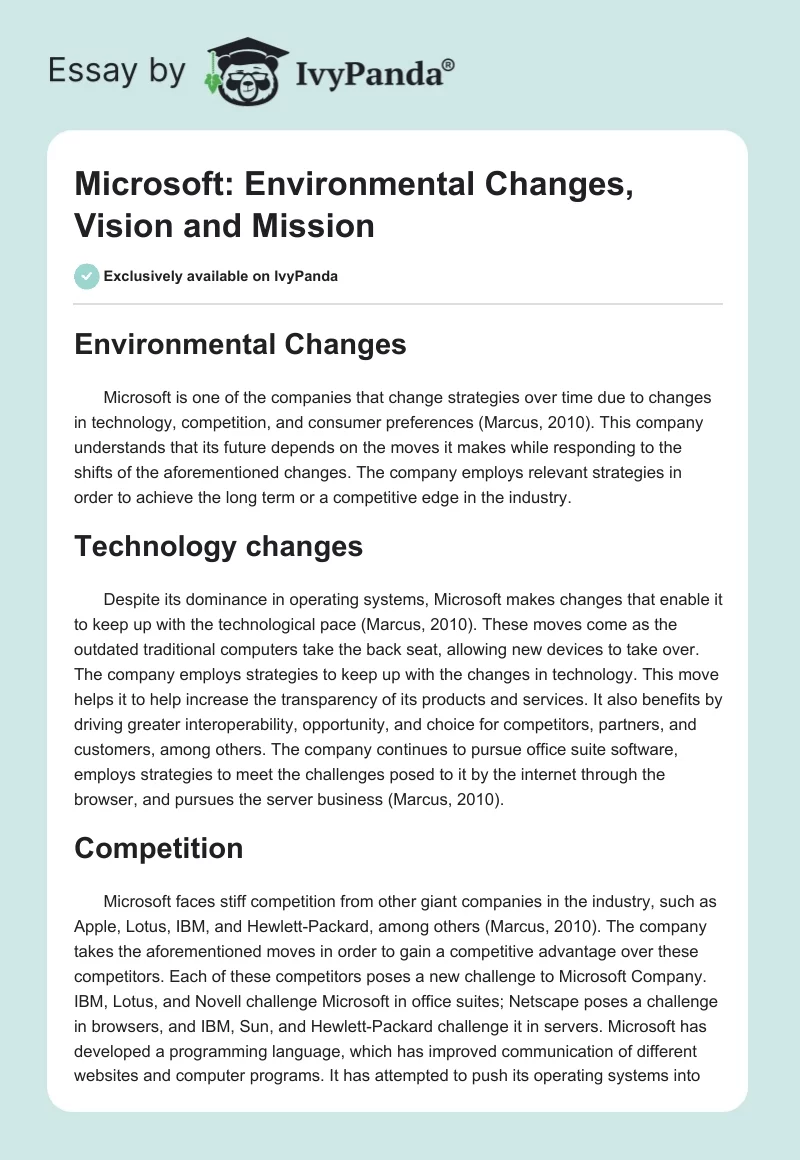 Microsoft: Environmental Changes, Vision and Mission. Page 1