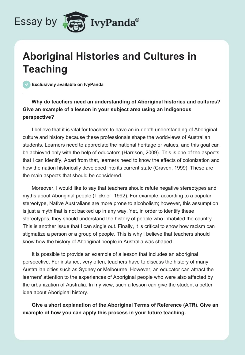 Aboriginal Histories and Cultures in Teaching. Page 1