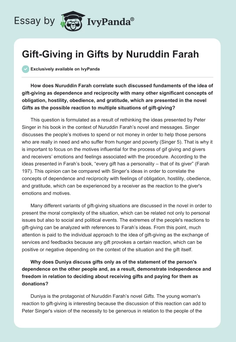 Gift-Giving in "Gifts" by Nuruddin Farah. Page 1