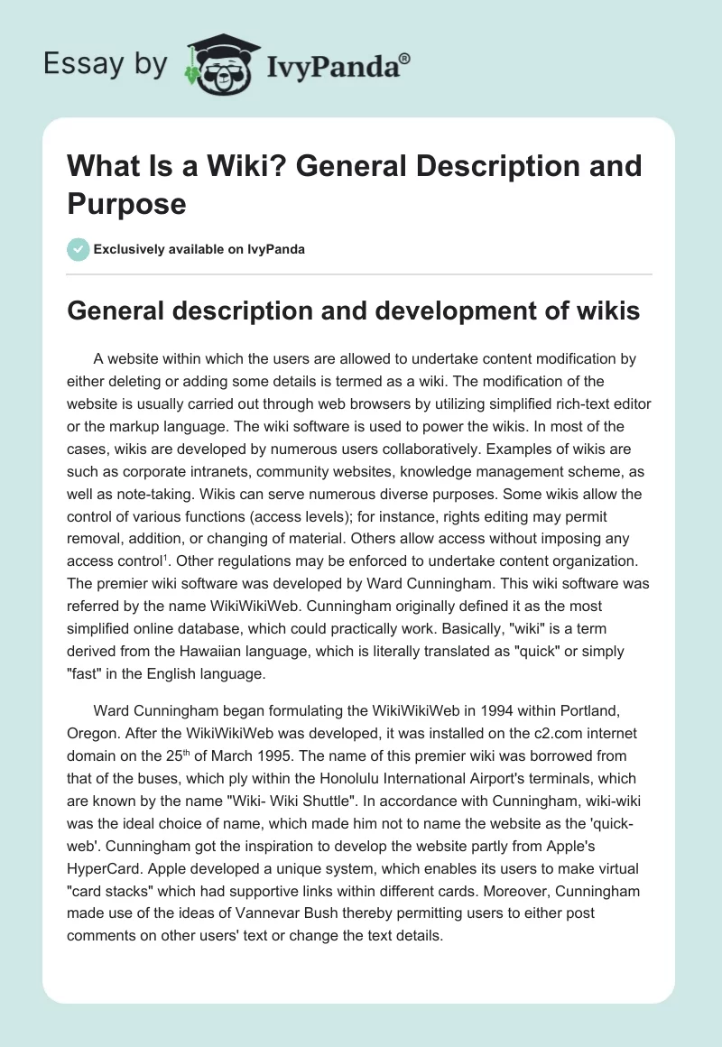 What Is a Wiki? General Description and Purpose. Page 1