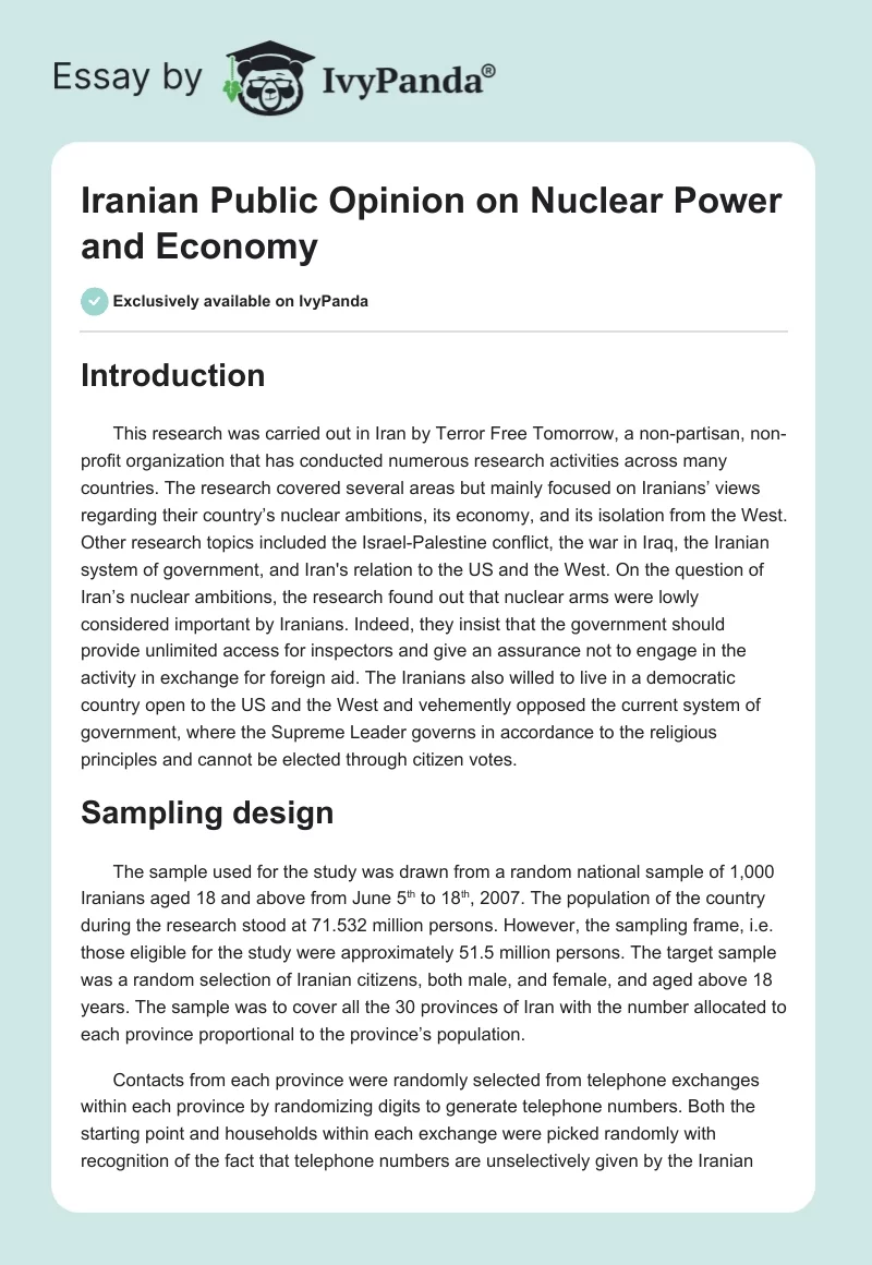 Iranian Public Opinion on Nuclear Power and Economy. Page 1