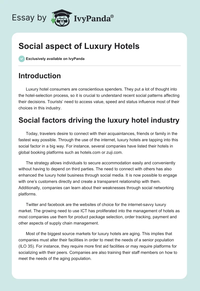Social aspect of Luxury Hotels. Page 1