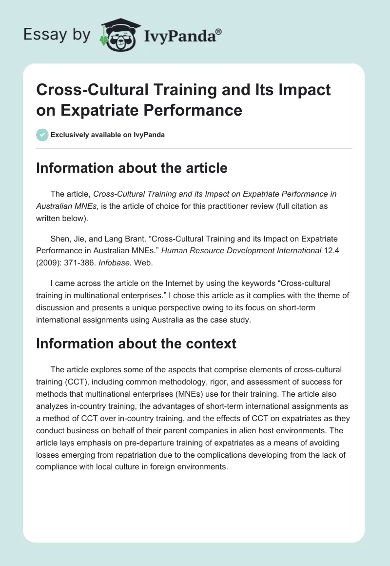 Cross-Cultural Training and Its Impact on Expatriate Performance. Page 1