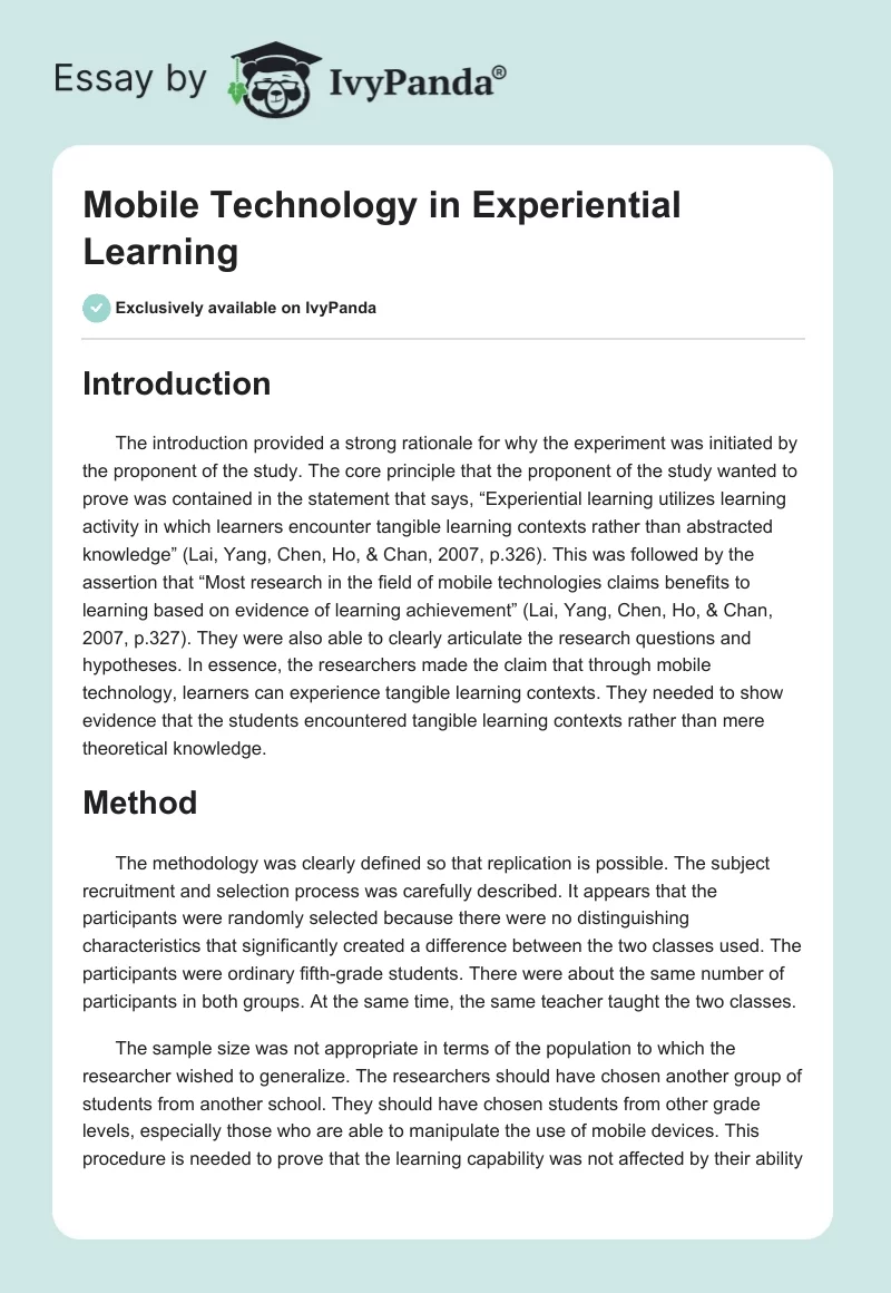 Mobile Technology in Experiential Learning. Page 1