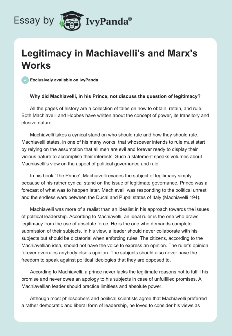 Legitimacy in Machiavelli's and Marx's Works. Page 1