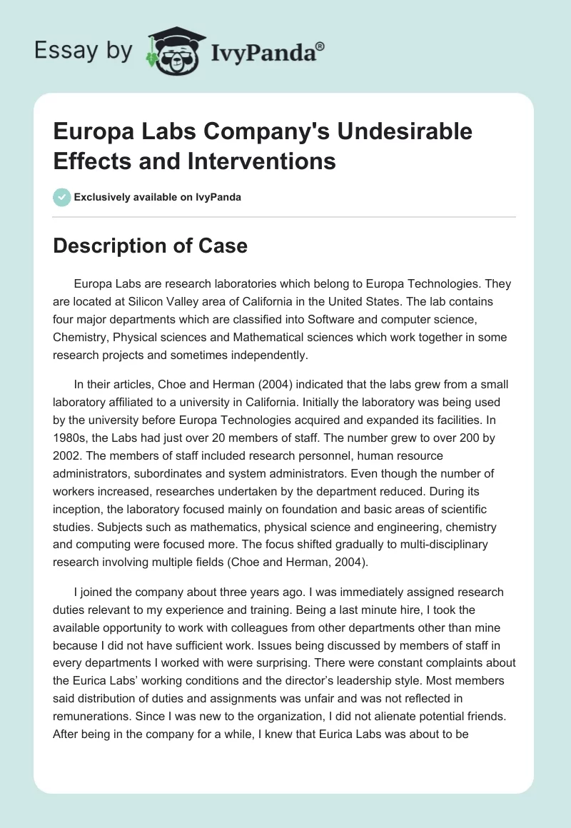 Europa Labs Company's Undesirable Effects and Interventions. Page 1