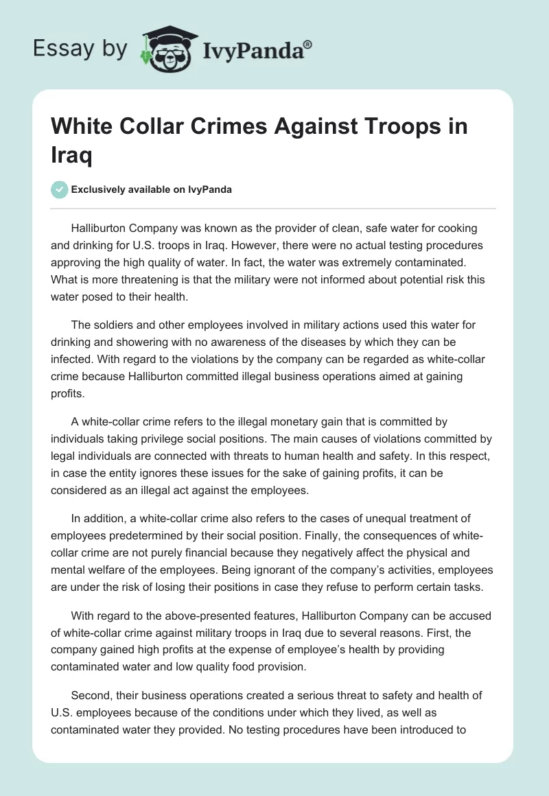 White Collar Crimes Against Troops in Iraq. Page 1