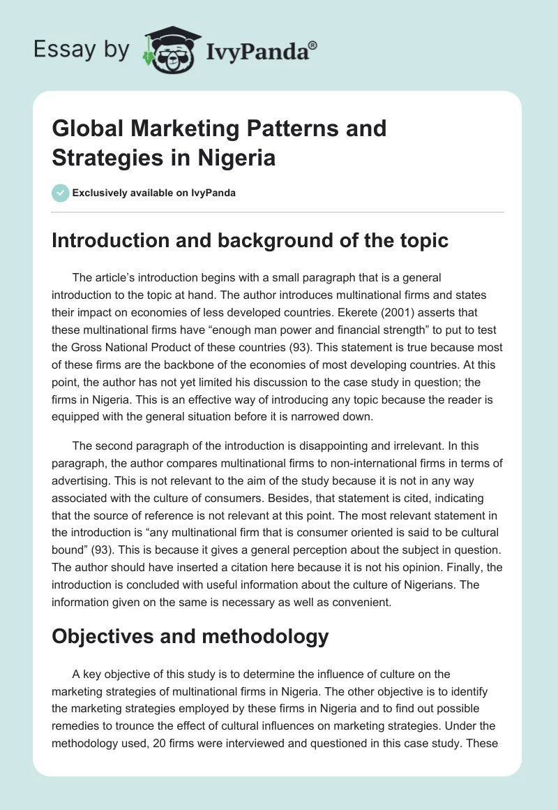 Global Marketing Patterns and Strategies in Nigeria. Page 1