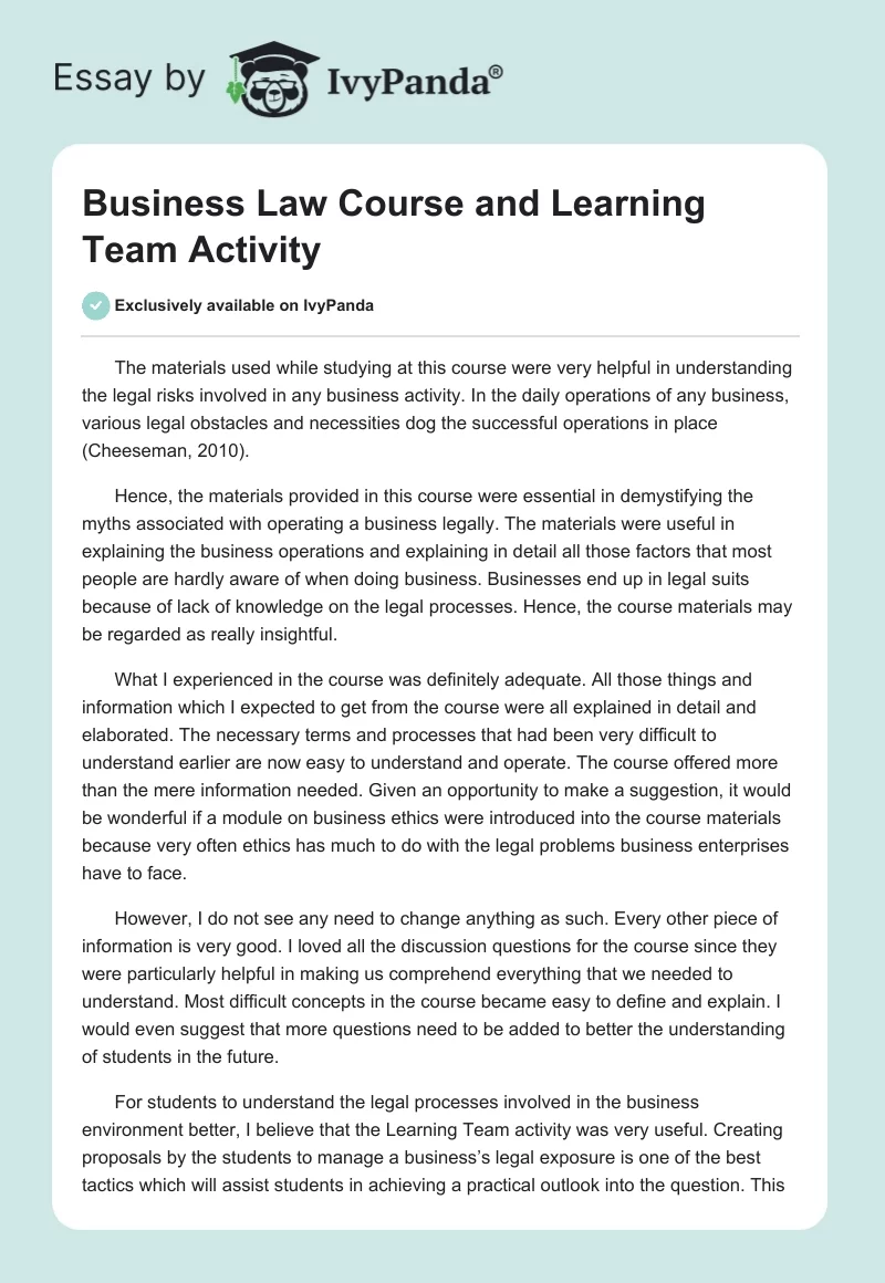 Business Law Course and Learning Team Activity. Page 1