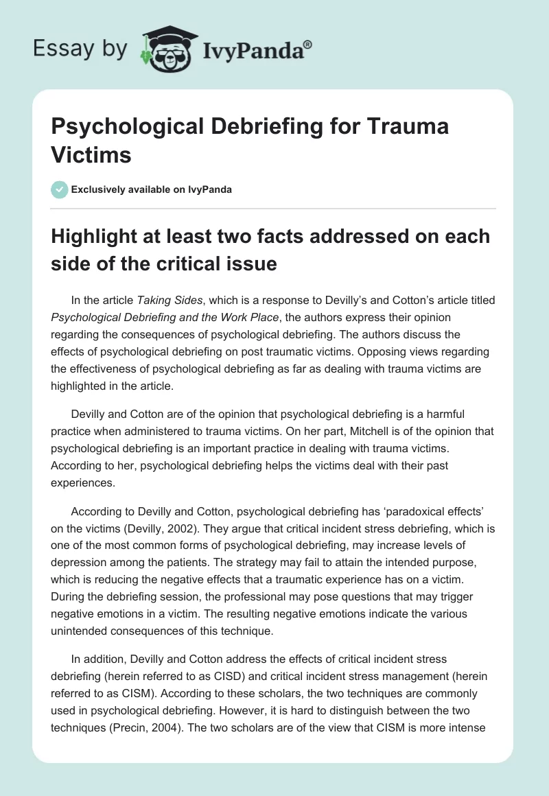 Psychological Debriefing for Trauma Victims. Page 1