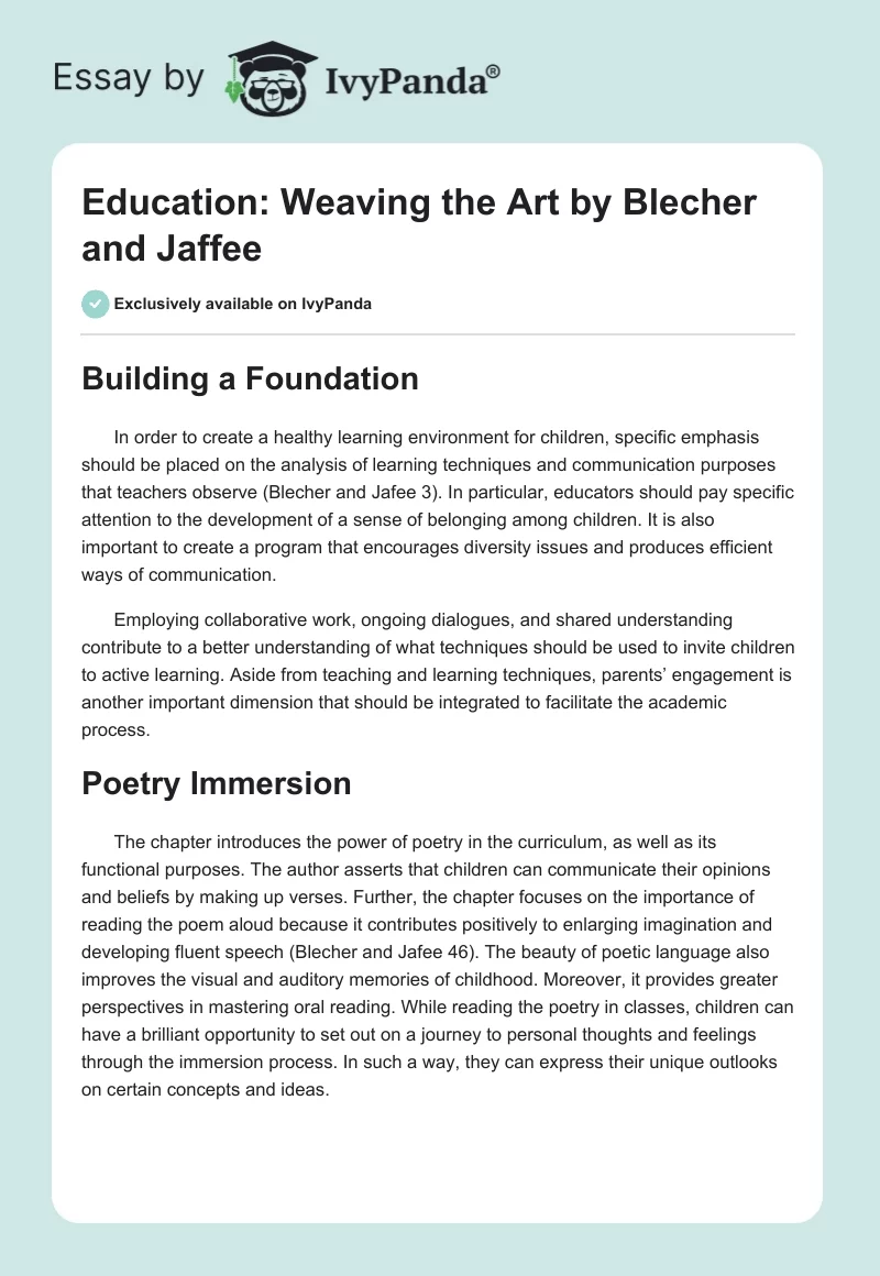 Education: "Weaving the Art" by Blecher and Jaffee. Page 1