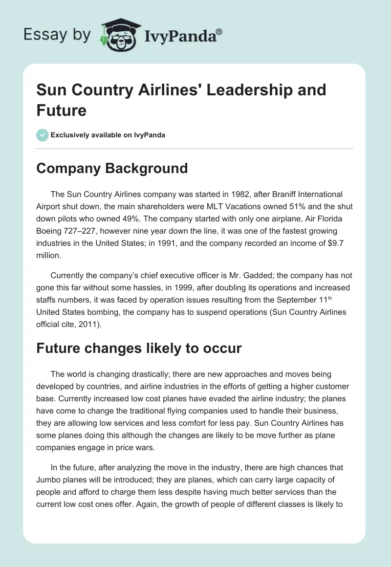 Sun Country Airlines' Leadership and Future. Page 1