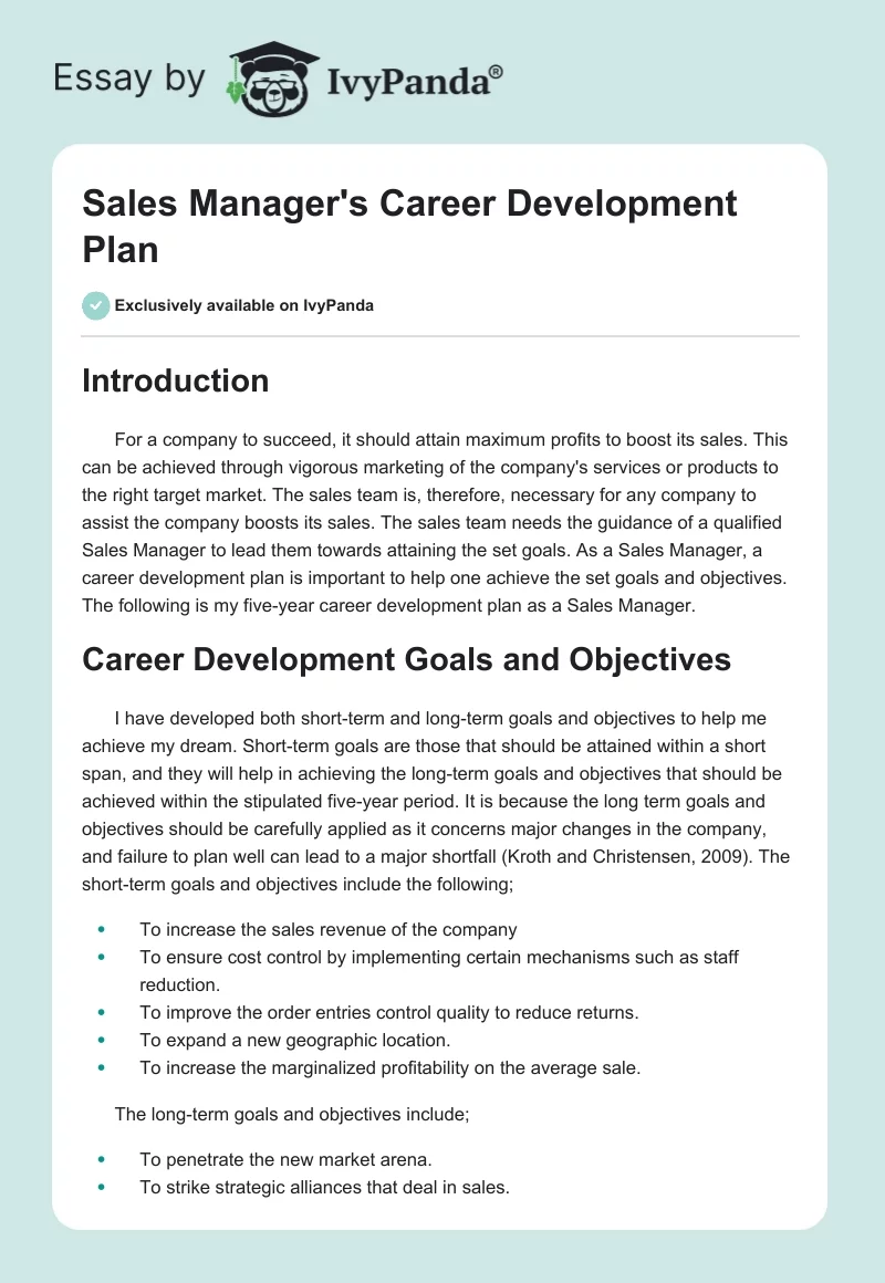 Sales Manager's Career Development Plan. Page 1