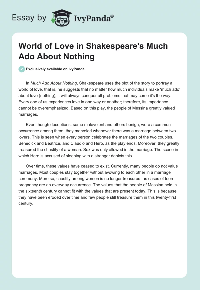 World of Love in Shakespeare's "Much Ado About Nothing". Page 1