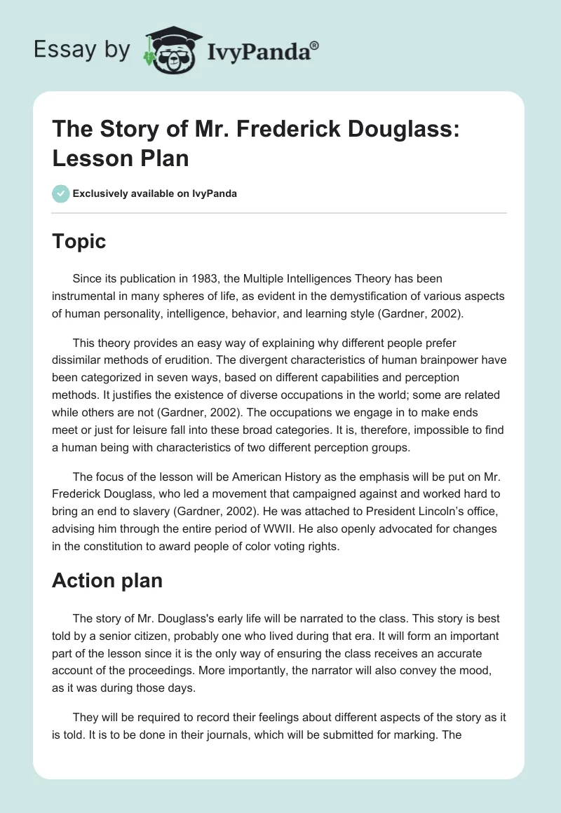 The Story of Mr. Frederick Douglass: Lesson Plan. Page 1