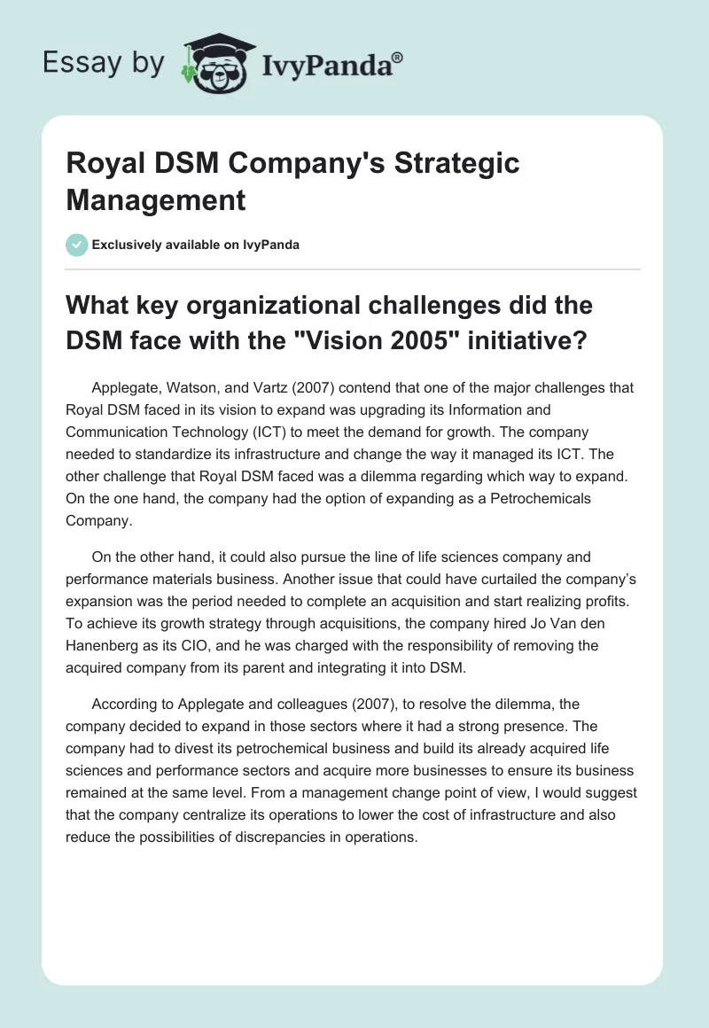 Royal DSM Company's Strategic Management. Page 1