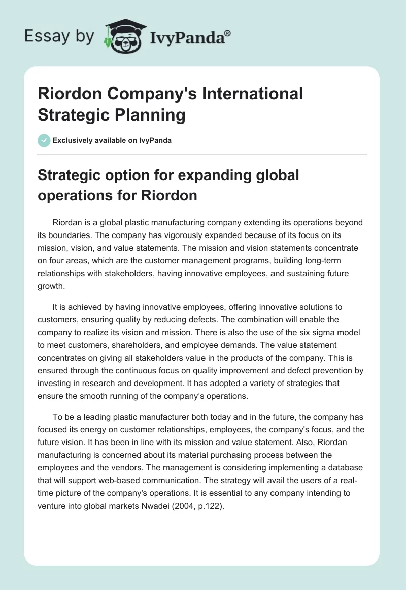 Riordon Company's International Strategic Planning. Page 1