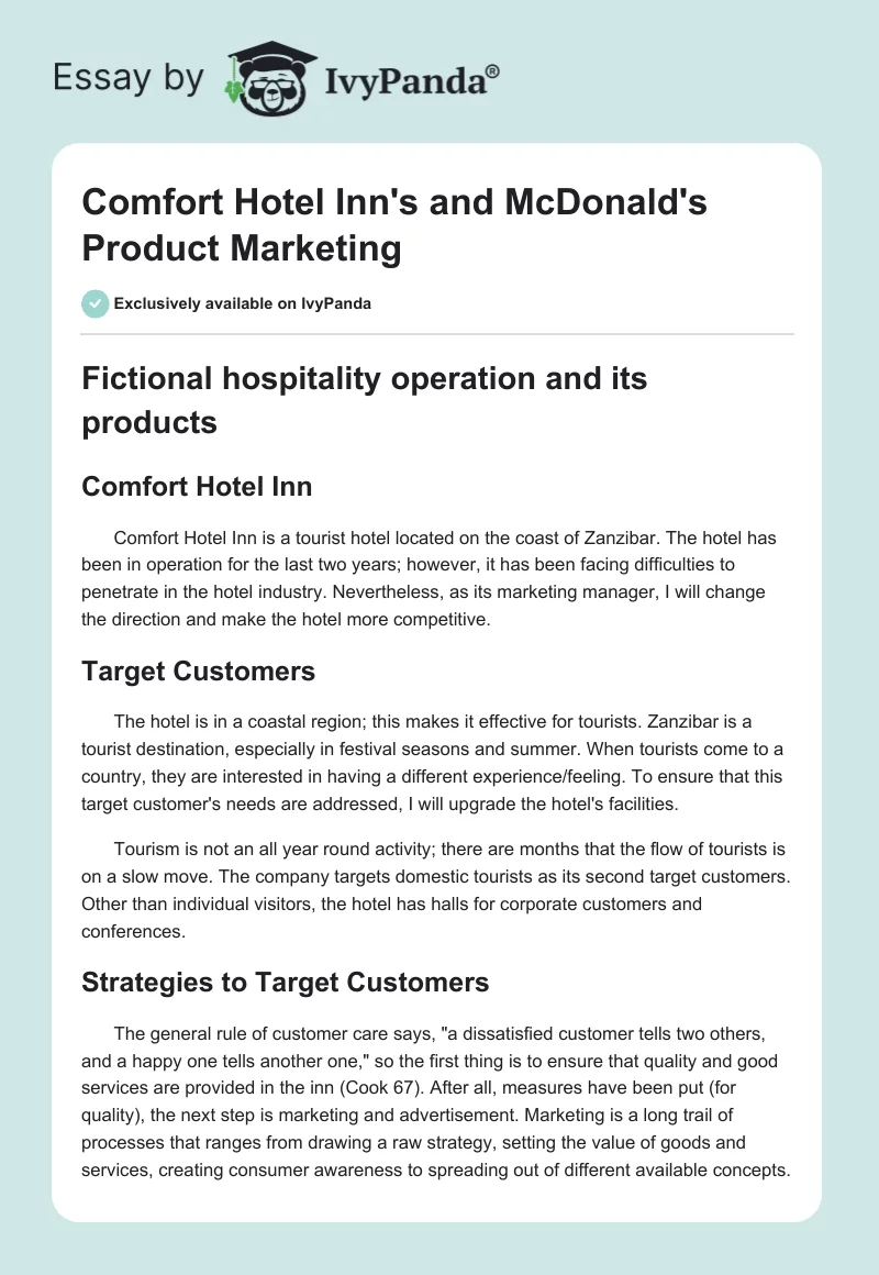 Comfort Hotel Inn's and McDonald's Product Marketing. Page 1