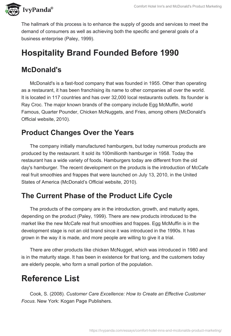 Comfort Hotel Inn's and McDonald's Product Marketing. Page 2