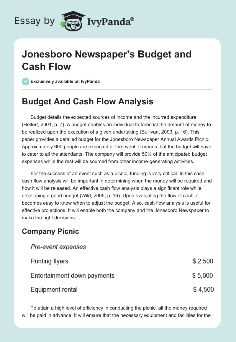 Jonesboro Newspaper's Budget and Cash Flow. Page 1