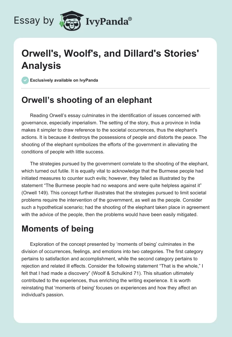 Orwell's, Woolf's, and Dillard's Stories' Analysis. Page 1