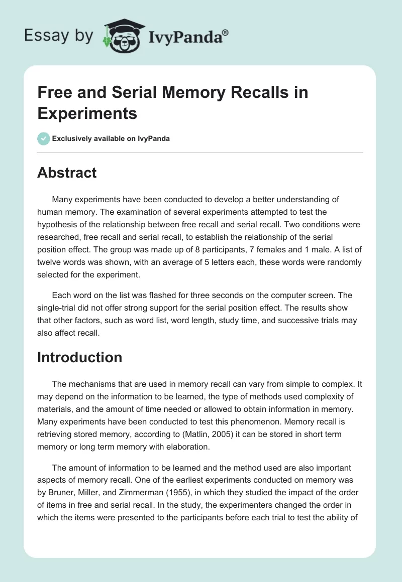 Free and Serial Memory Recalls in Experiments. Page 1