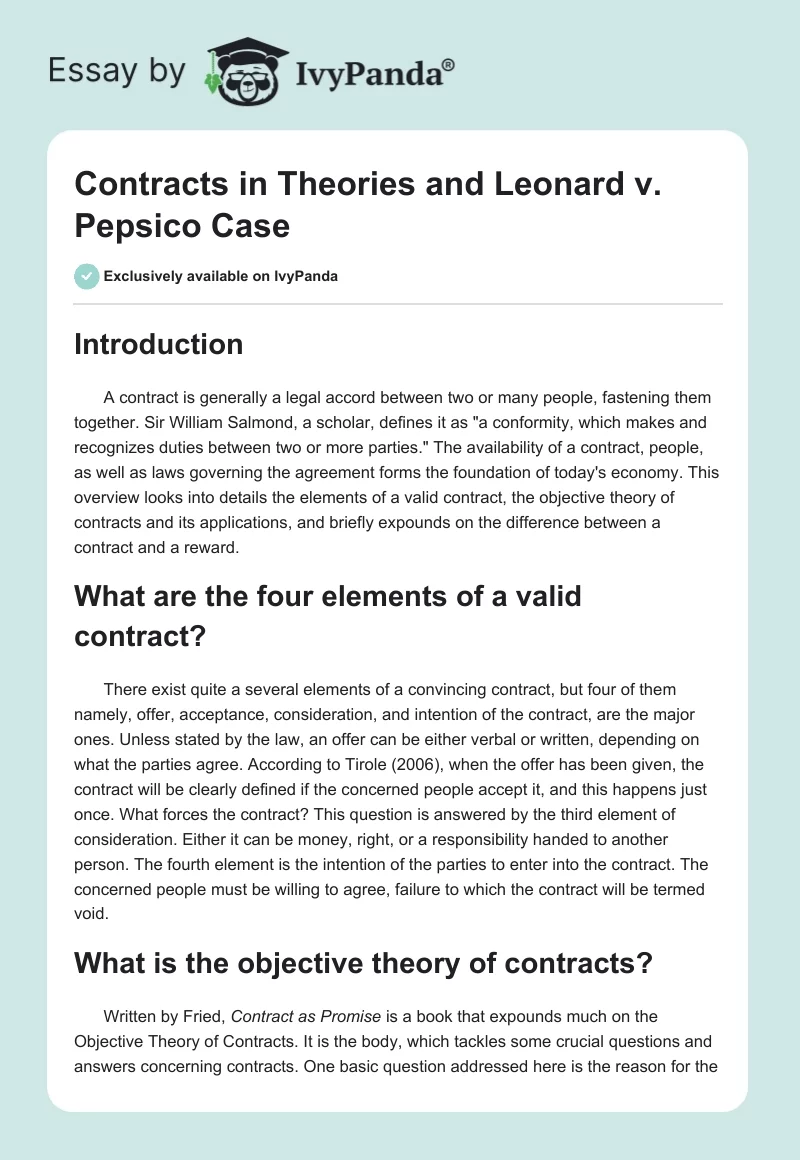 Contracts in Theories and Leonard vs. Pepsico Case. Page 1