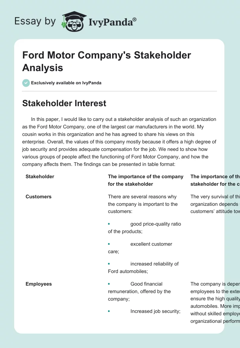 Ford Motor Company's Stakeholder Analysis. Page 1