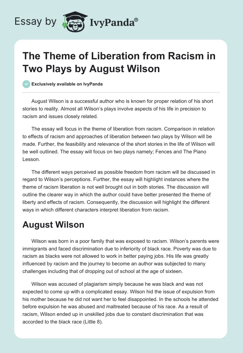 The Theme of Liberation From Racism in Two Plays by August Wilson. Page 1