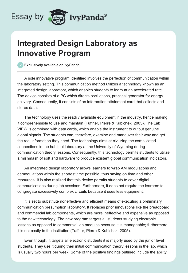 Integrated Design Laboratory as Innovative Program. Page 1