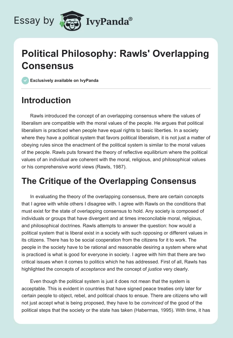 Political Philosophy: Rawls' Overlapping Consensus. Page 1