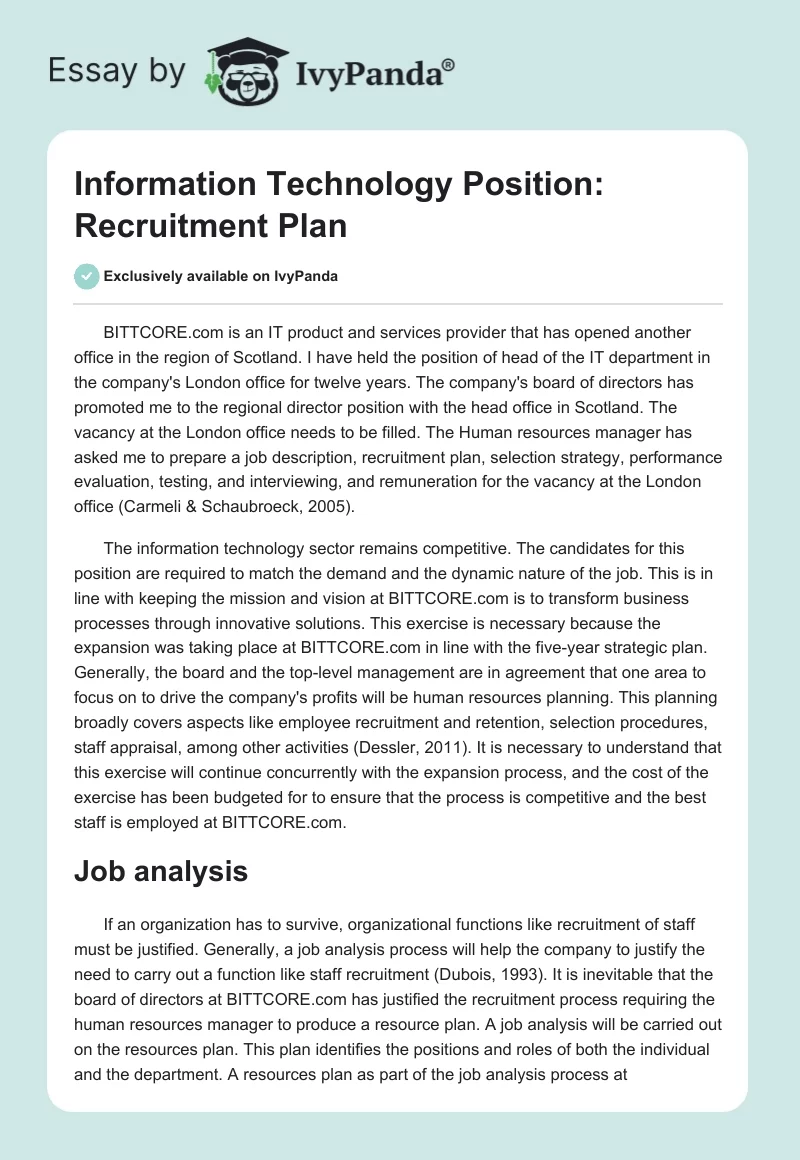 Information Technology Position: Recruitment Plan. Page 1