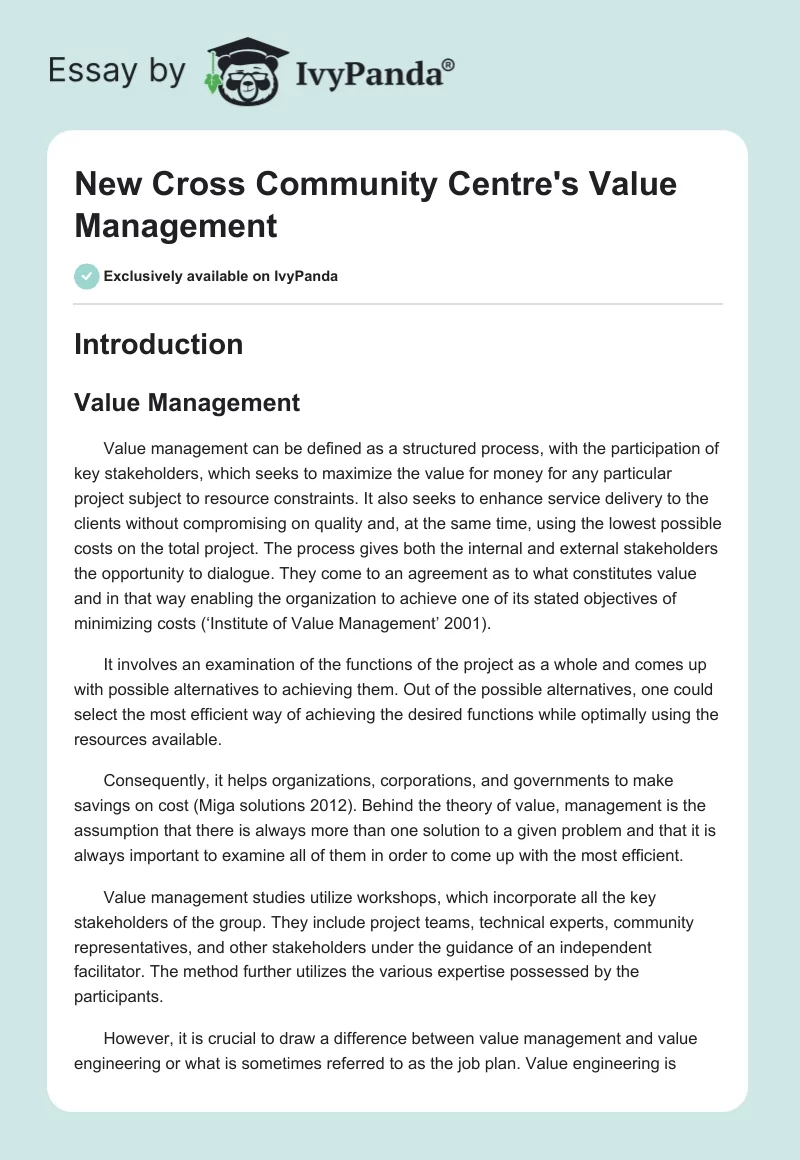 New Cross Community Centre's Value Management. Page 1