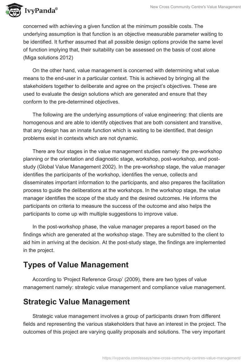 New Cross Community Centre's Value Management. Page 2