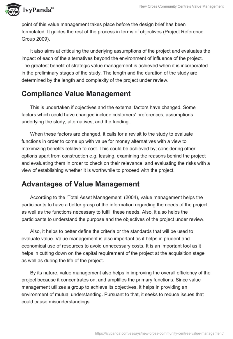 New Cross Community Centre's Value Management. Page 3