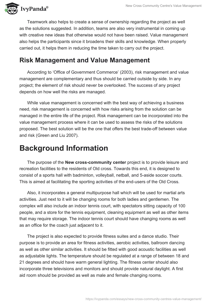 New Cross Community Centre's Value Management. Page 4