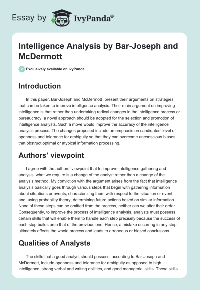 Intelligence Analysis by Bar-Joseph and McDermott. Page 1
