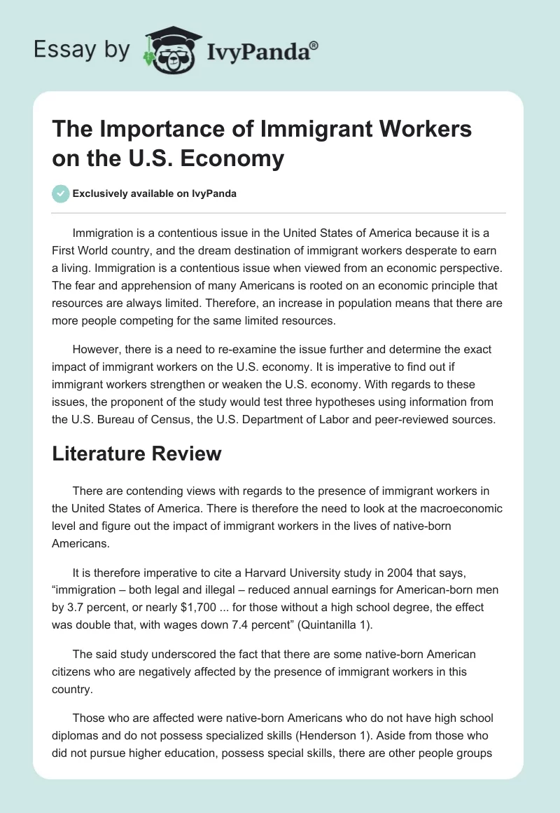 The Importance of Immigrant Workers on the U.S. Economy. Page 1