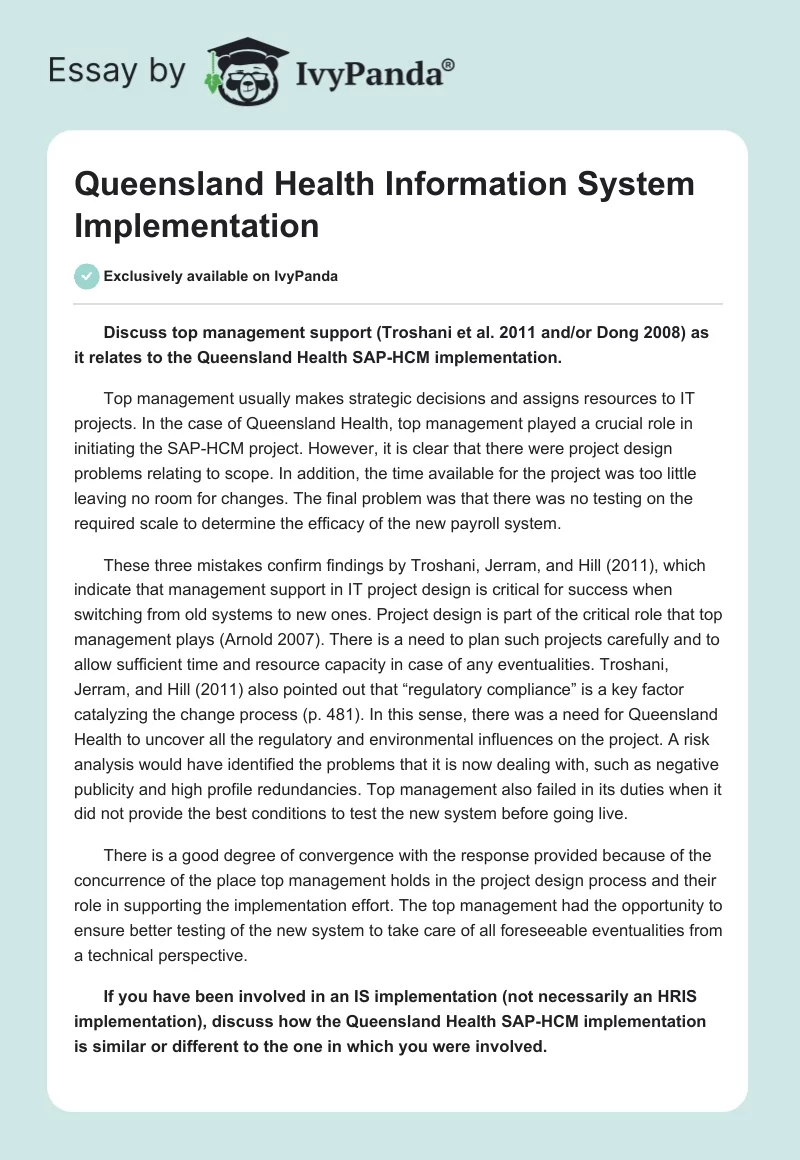 Queensland Health Information System Implementation. Page 1