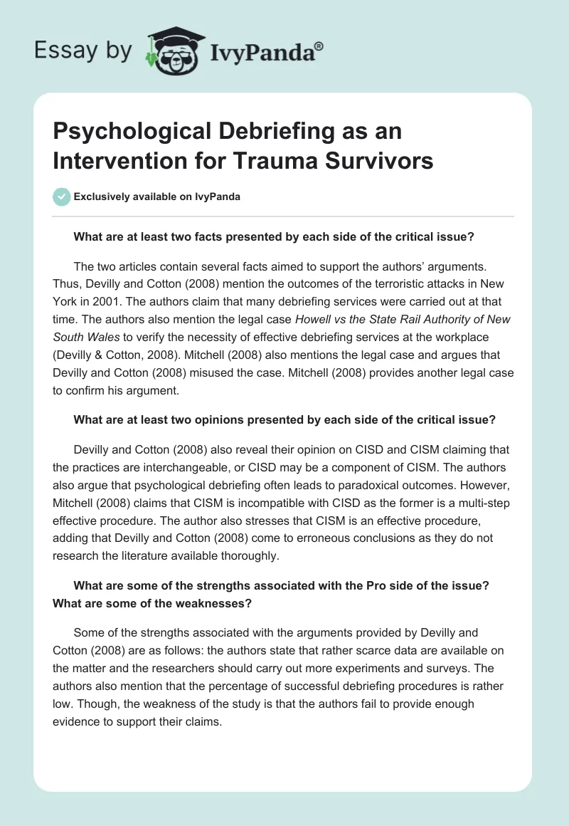 Psychological Debriefing as an Intervention for Trauma Survivors. Page 1
