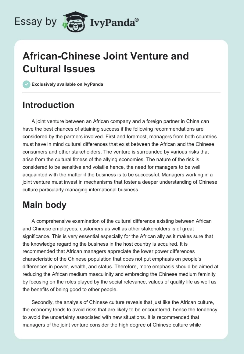 African-Chinese Joint Venture and Cultural Issues. Page 1