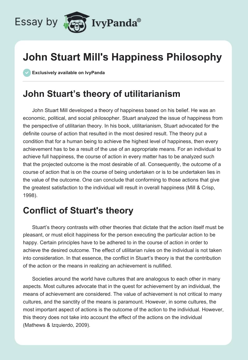John Stuart Mill's Happiness Philosophy. Page 1