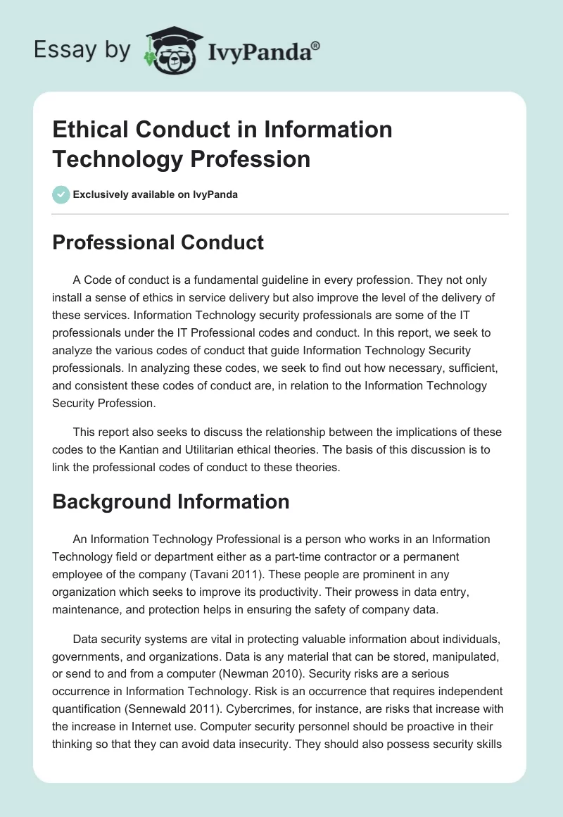 Ethical Conduct in Information Technology Profession. Page 1